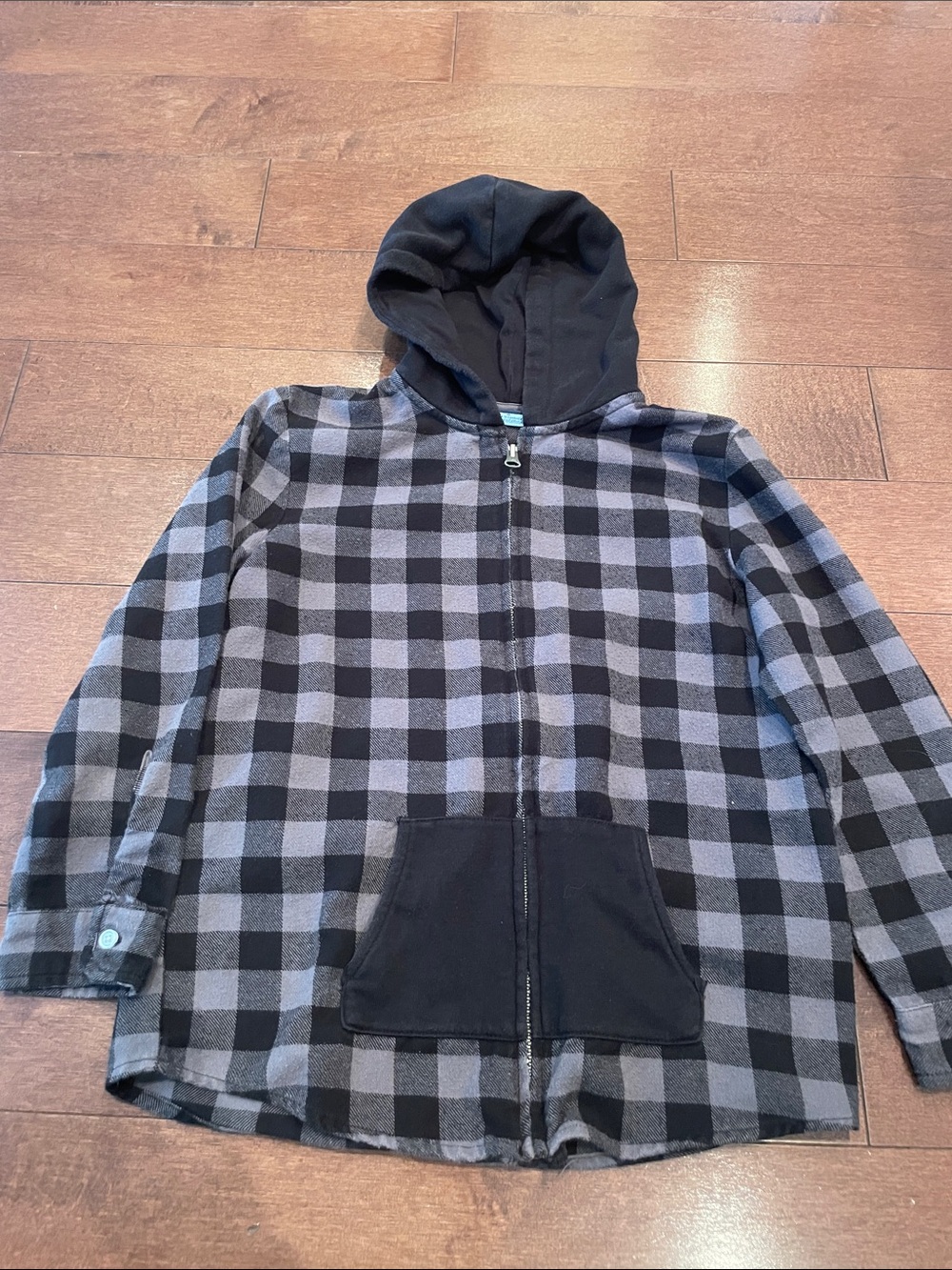 Andy & Evan Black and Gray Buffalo Plaid Hooded Zip Jacket